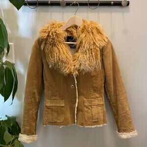 MODA International Vintage Suede Mongolian Fur Jacket Y2K Coat, XS, Excellent!